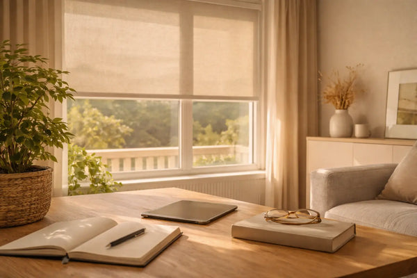 Außenrollo vor dem Fenster filtert Sommerlicht in einem modernen Wohnraum mit Tisch, Notizbuch und Tablet.