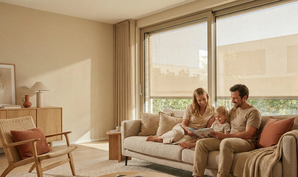 Familie entspannt im Wohnzimmer im Sommer, geschützt vor Hitze durch ein außen montiertes Außenrollo vor dem Fenster.