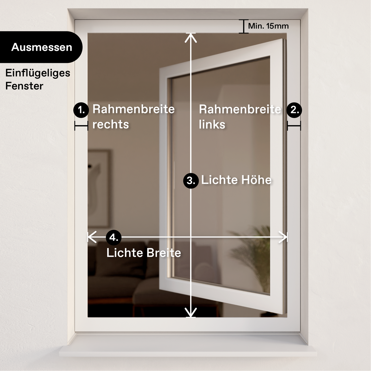 Ausmessbild Außenrollo für Fenster - Einflügeliges Fenster