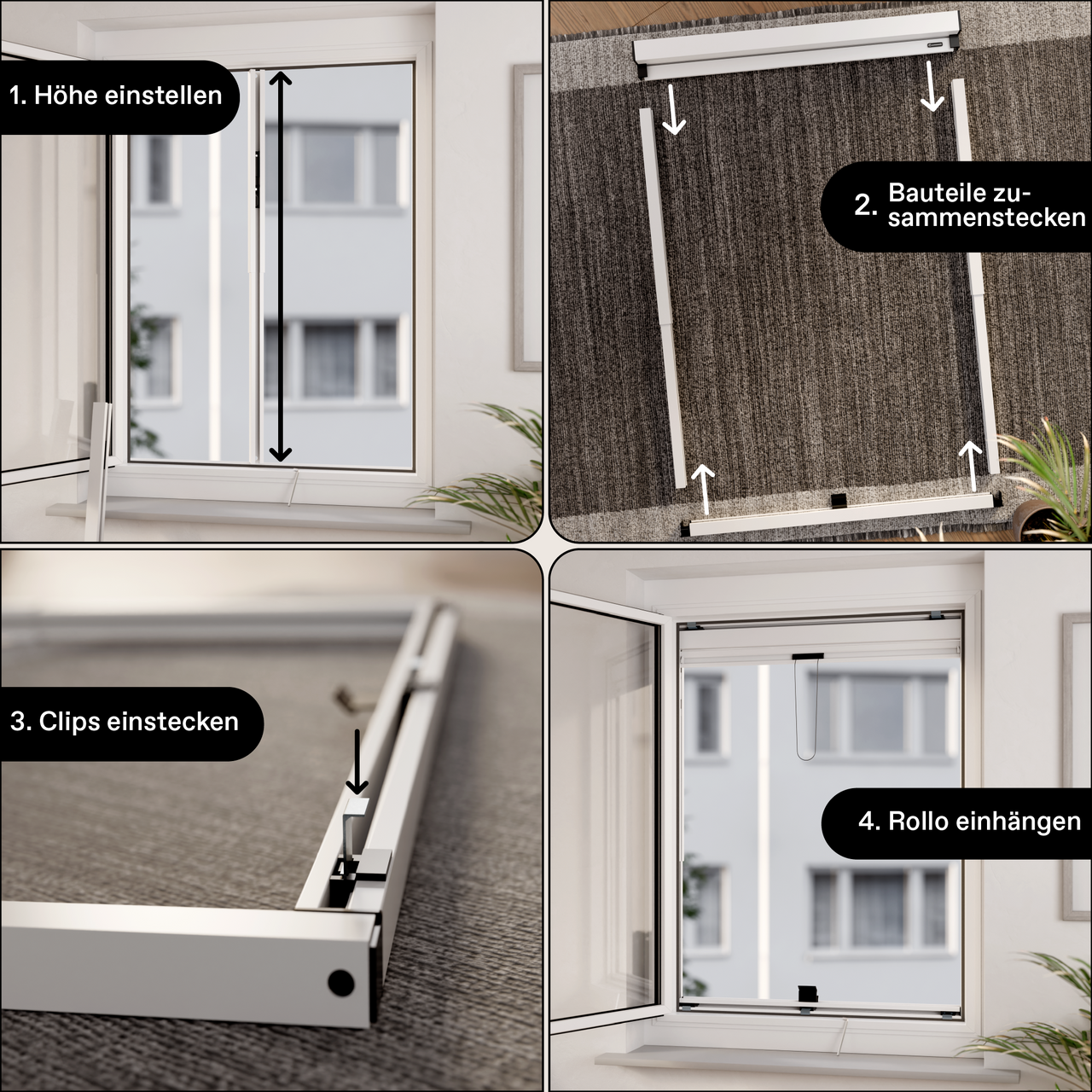 4-teilige Bildanleitung zur Montage eines Rollos ohne Bohren am Fenster: Höhe einstellen, Bauteile zusammenstecken, Clips einsetzen und Rollo einhängen.