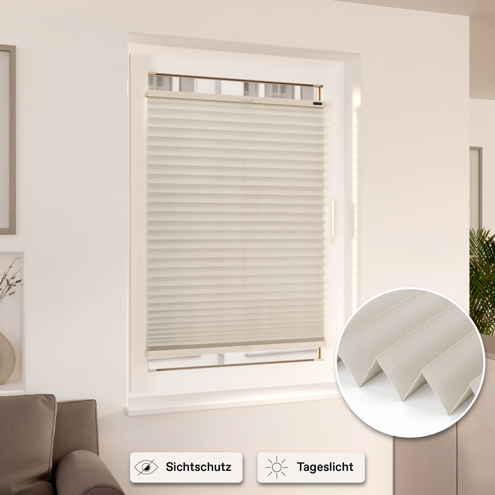 Plissee Beige an Fenster montiert mit Icons Sichtschutz und Tageslicht 