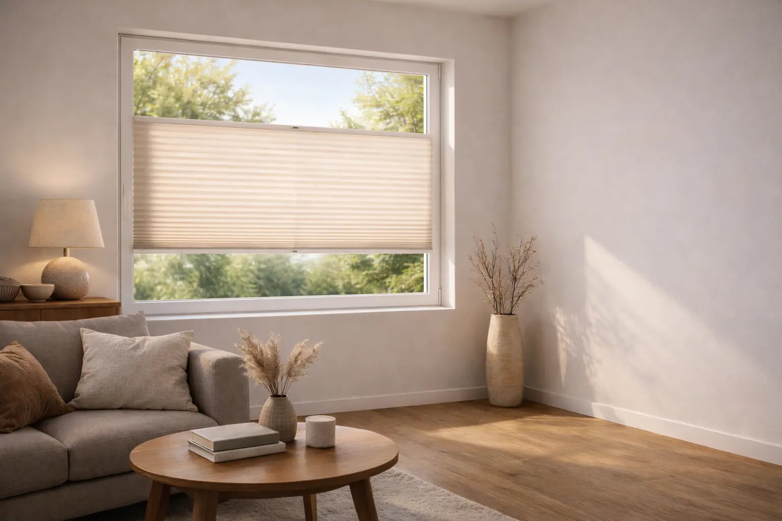 Modernes Wohnzimmer mit Plissees an den Fenstern