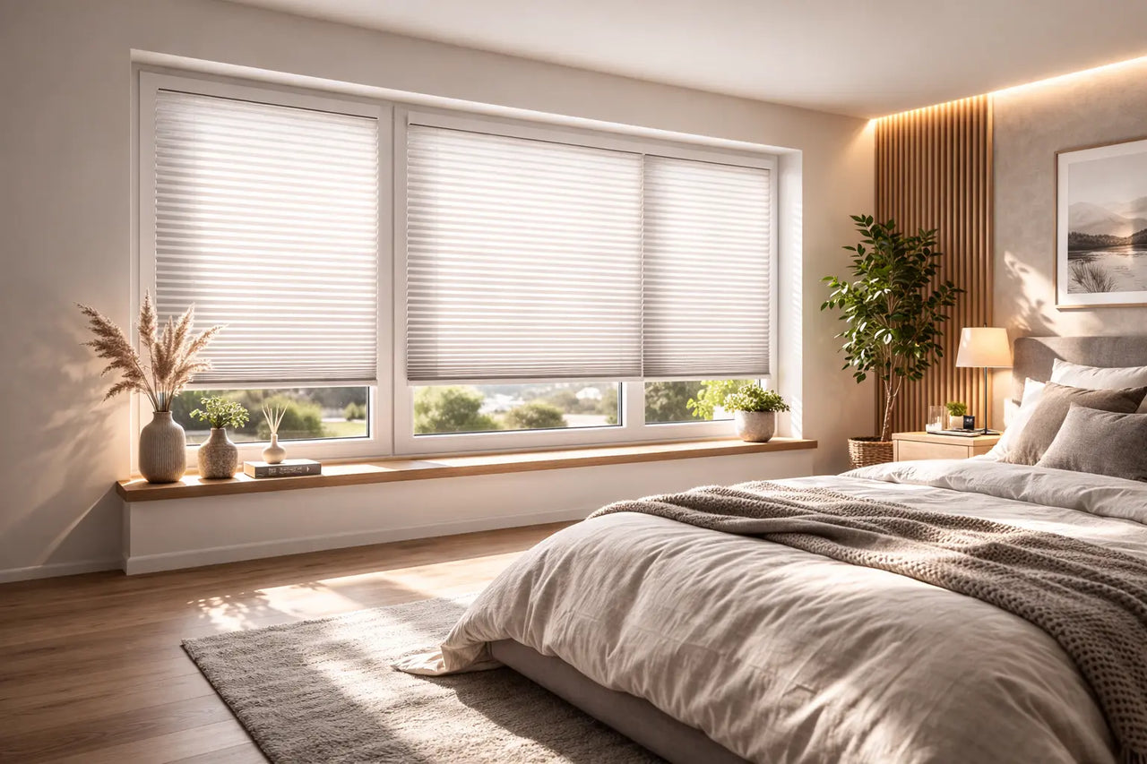 Modernes Schlafzimmer mit Sichtschutz Plissees an den Fenstern