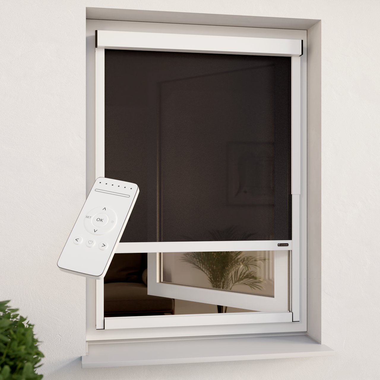 Außenrollo weiß  transparent am Fenster inklusive Darstellung Funkhandsender für die Motorbedienung